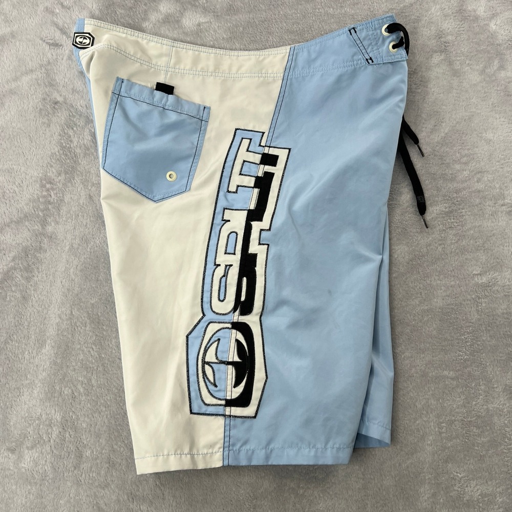 Split Y2K Colorblock Logo Board Shorts 37 Light Blue Men Vintage Surf Skate